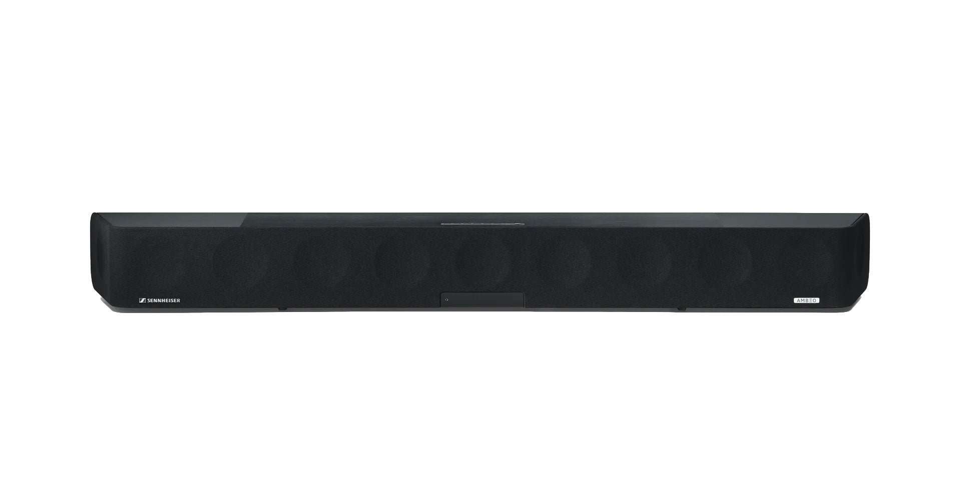 Front view of a long black audio device with fabric covering and SENNHEISER and AMBEO labels