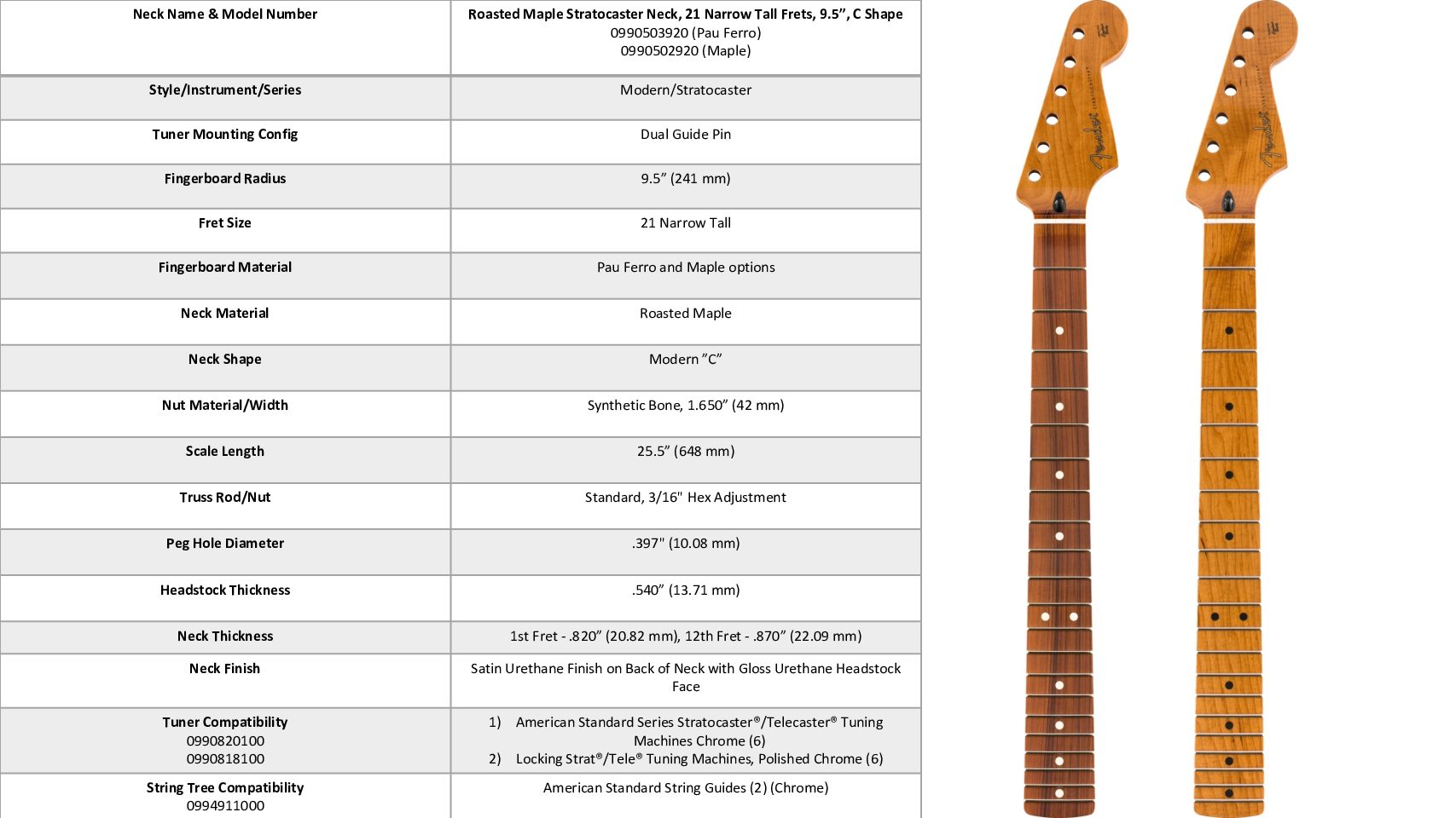 Fender® Roasted Maple Stratocaster® Neck, 21 Narrow Tall Frets, 9.5″, Maple, C Shape