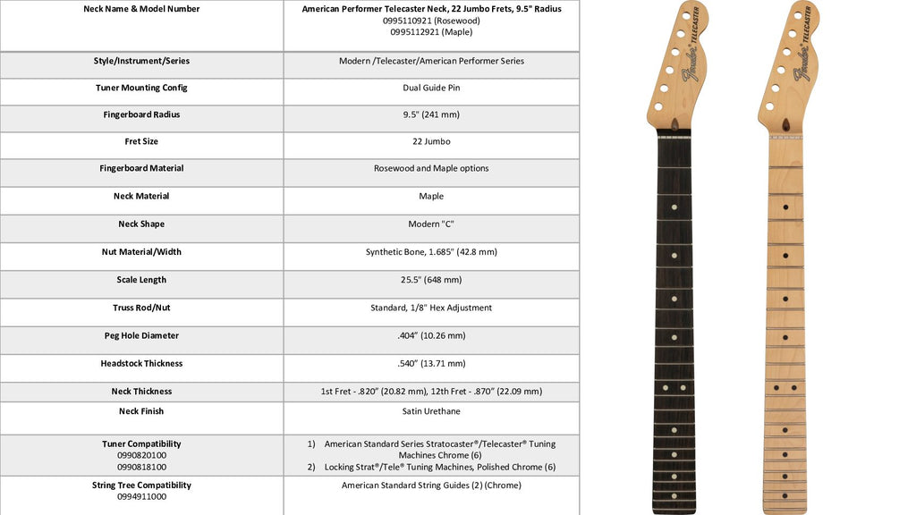 Fender® American Performer Telecaster Neck, 22 Jumbo Frets, 9.5″ Radius, Maple