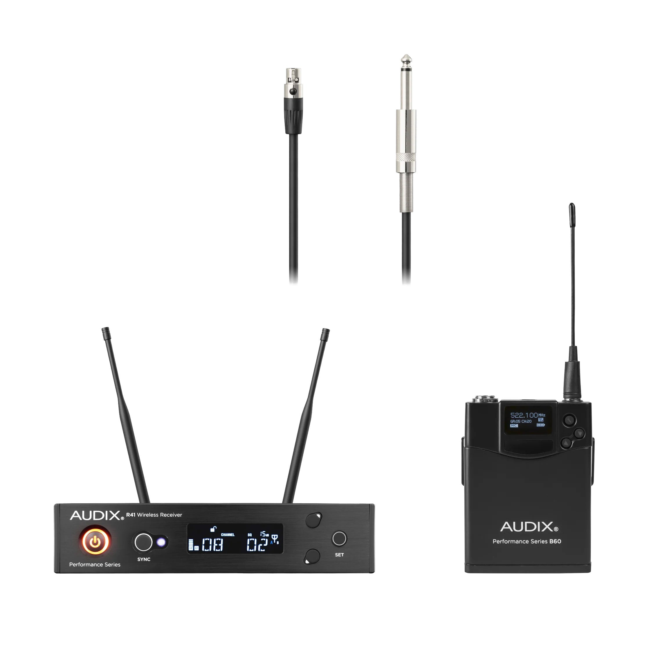 Black Audix wireless receiver with two antennas, bodypack transmitter, and two cables with XLR and 1/4 inch connectors.