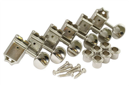 Set of six silver metal guitar tuning pegs with bushings and screws arranged on a white background.