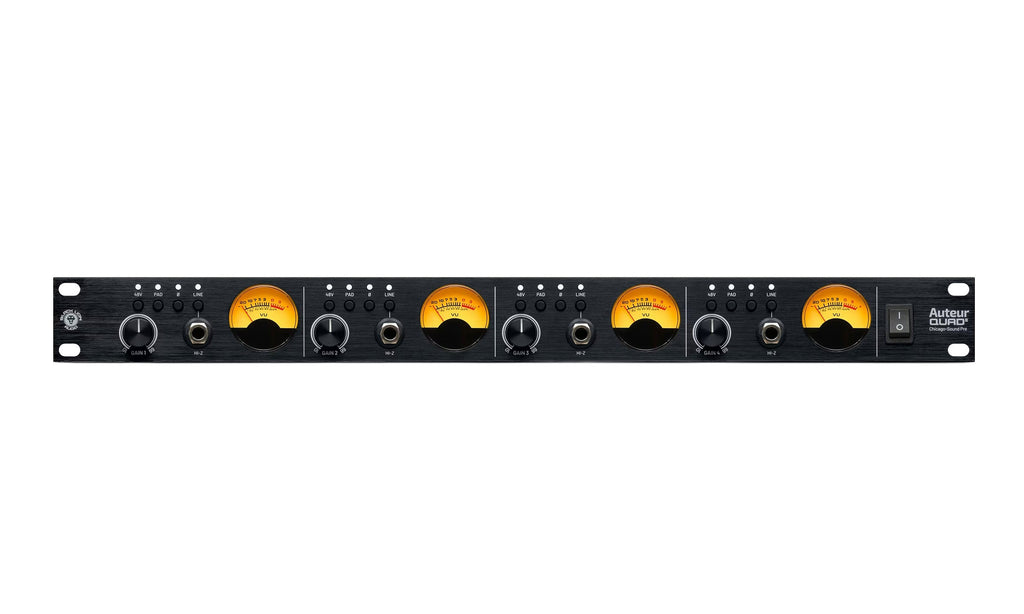 Black audio preamp rack unit with four illuminated VU meters and multiple control knobs and switches.