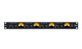 Black audio preamp rack unit with four illuminated VU meters and multiple control knobs and switches.