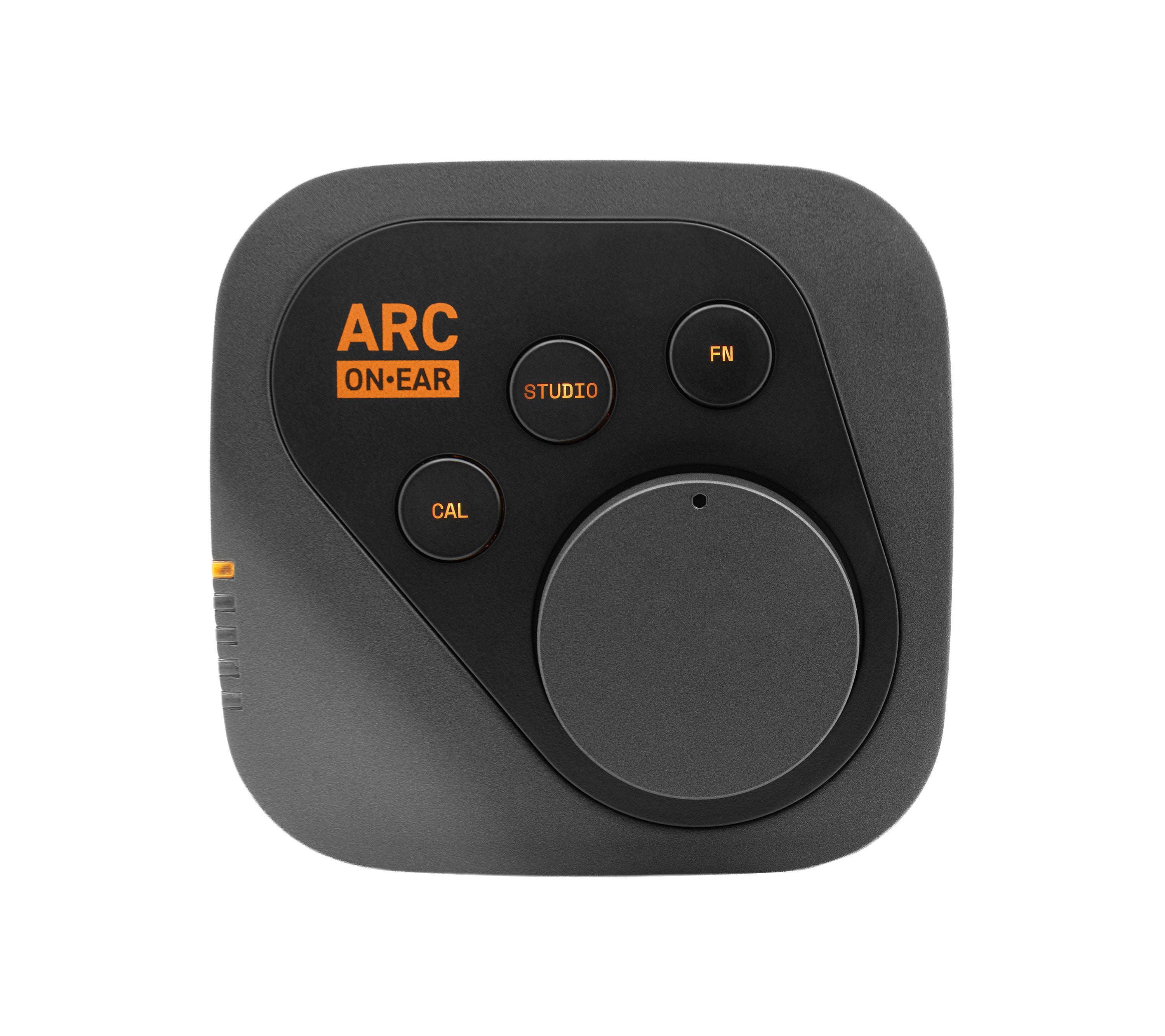 Black monitor controller device with a large rotary knob and three labeled buttons on the top surface.
