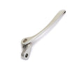 Silver metal handle assembly part with a pivot joint and mounting hole on white background.