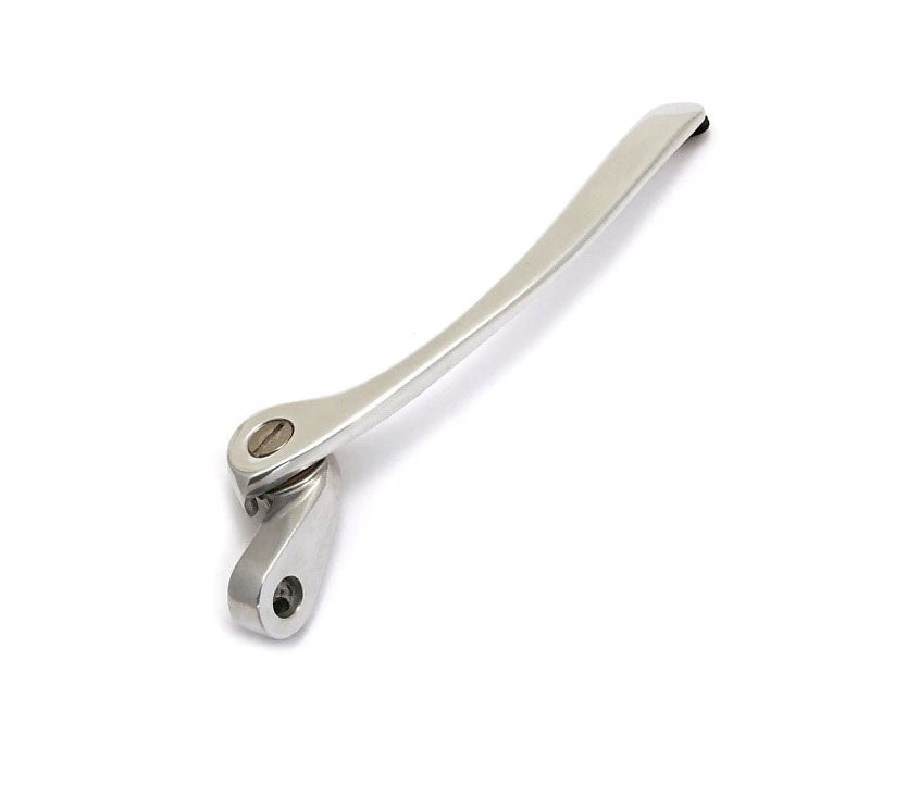 Silver metal handle assembly part with a pivot joint and mounting hole on white background.