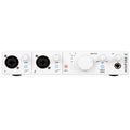Front panel of a white audio interface with two combo input jacks, gain knobs, LED indicators, monitoring controls, and a headphone jack.