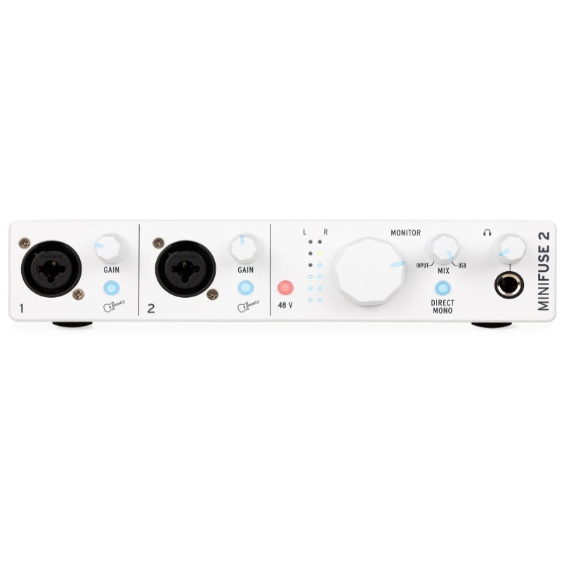 Front panel of a white audio interface with two combo input jacks, gain knobs, LED indicators, monitoring controls, and a headphone jack.