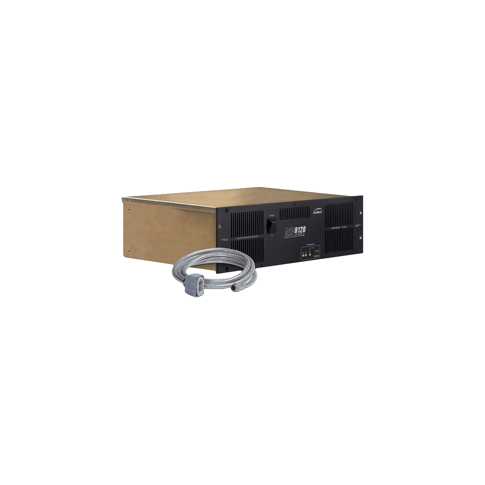 Black and gold audio device labeled ASP8120 ULTRA with a coiled silver power cable in front.