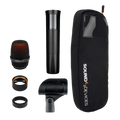 Microphone parts and accessories including capsule, body, mounting components, and a protective pouch with Sound Devices logo.