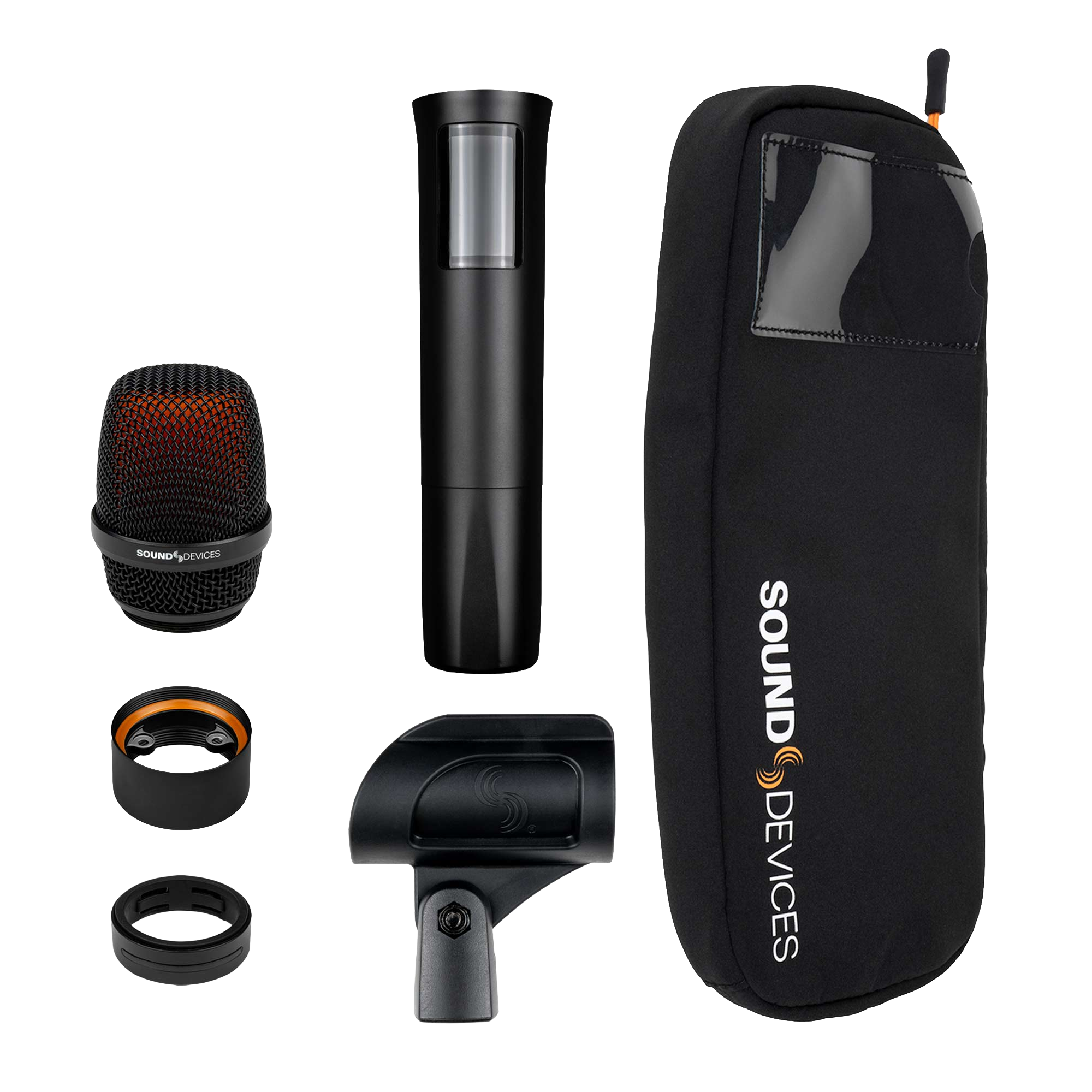 Microphone parts and accessories including capsule, body, mounting components, and a protective pouch with Sound Devices logo.