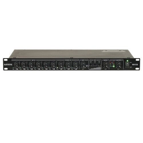 Front view of a black rackmount audio mixer with multiple knobs and LED meters labeled MX125