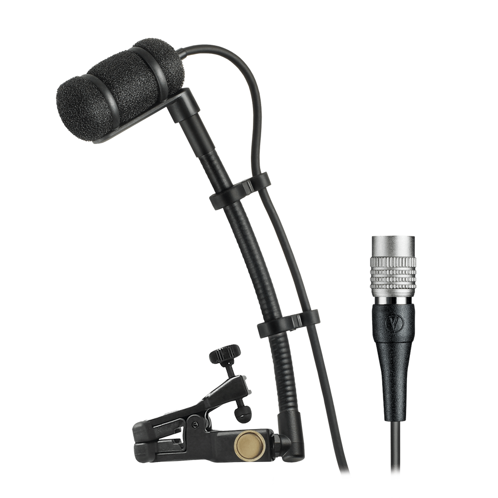 Black microphone with foam windscreen on flexible arm and clamp mount, with attached cable and circular metal connector.