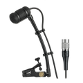 Black microphone with foam windscreen on flexible arm and clamp mount, with attached cable and circular metal connector.