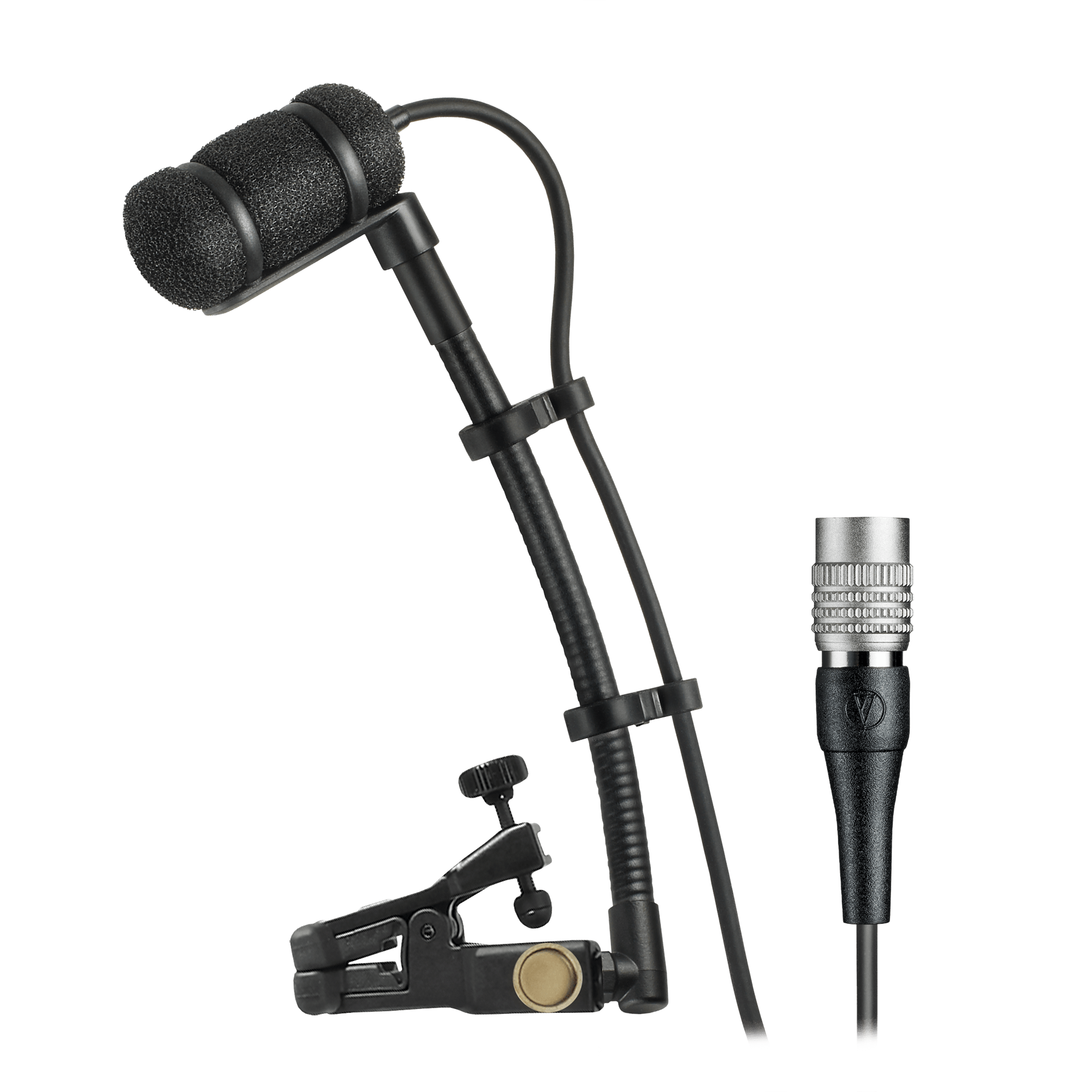 Black microphone with foam windscreen on flexible arm and clamp mount, with attached cable and circular metal connector.