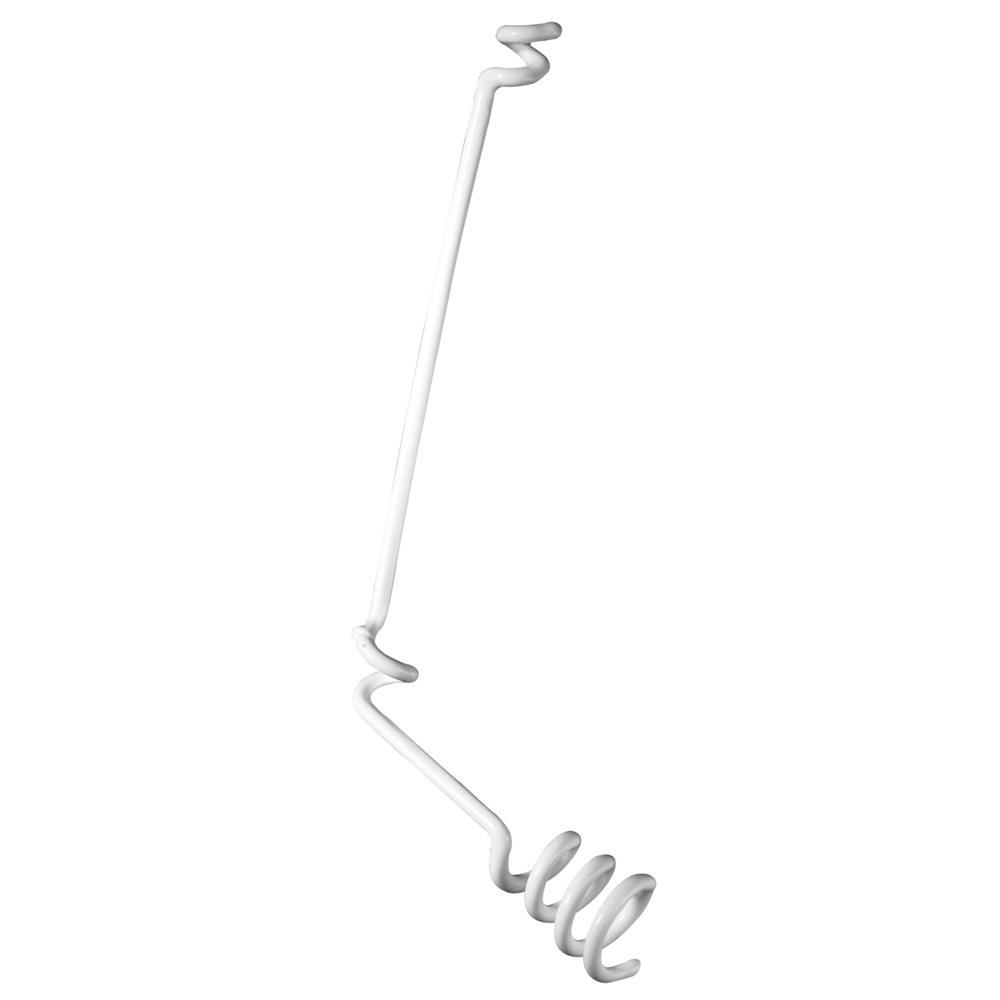 White metal wire component with multiple bends and spirals on a white background.