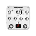 Silver-shaped guitar preamp with volume, blend, EQ, compressor controls, and tuner display shown
