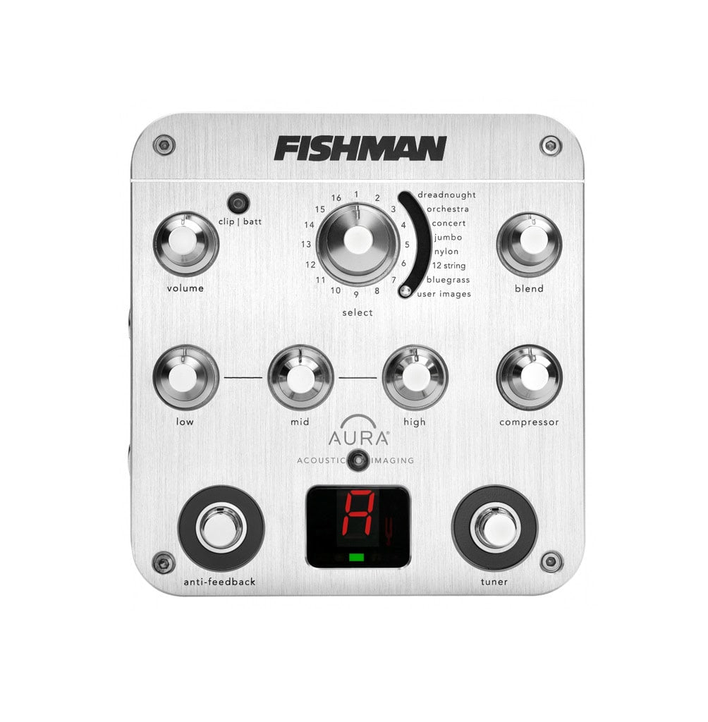 Silver-shaped guitar preamp with volume, blend, EQ, compressor controls, and tuner display shown