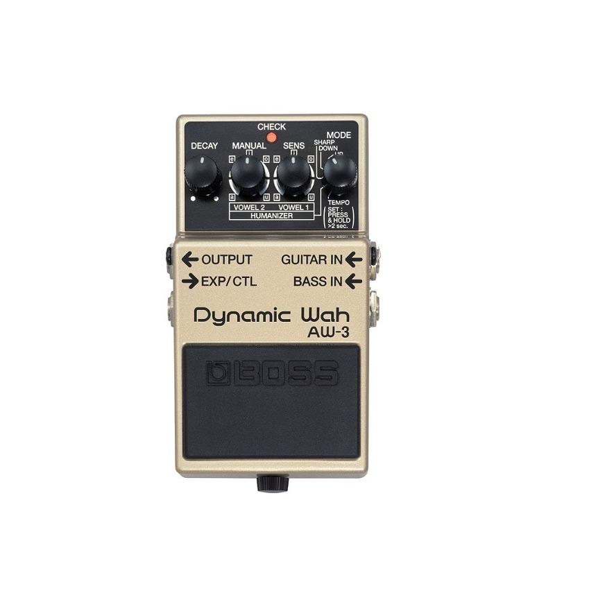 Beige Boss Dynamic Wah AW-3 guitar effects pedal with multiple knobs and input/output jacks.