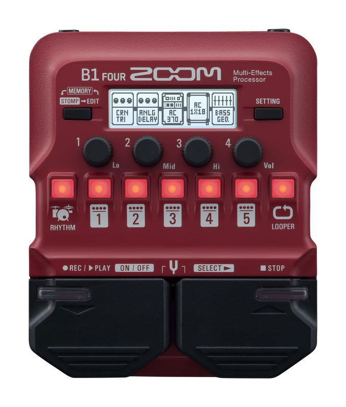 Red Zoom B1 Four multi-effects processor with knobs, buttons, small screen, and dual footswitches.