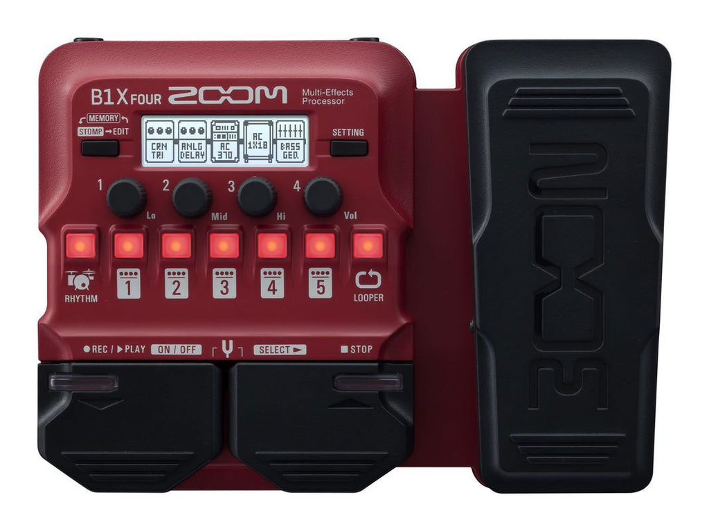 Red and black multi-effects processor pedal with knobs, buttons, foot pedals, and an expression pedal.