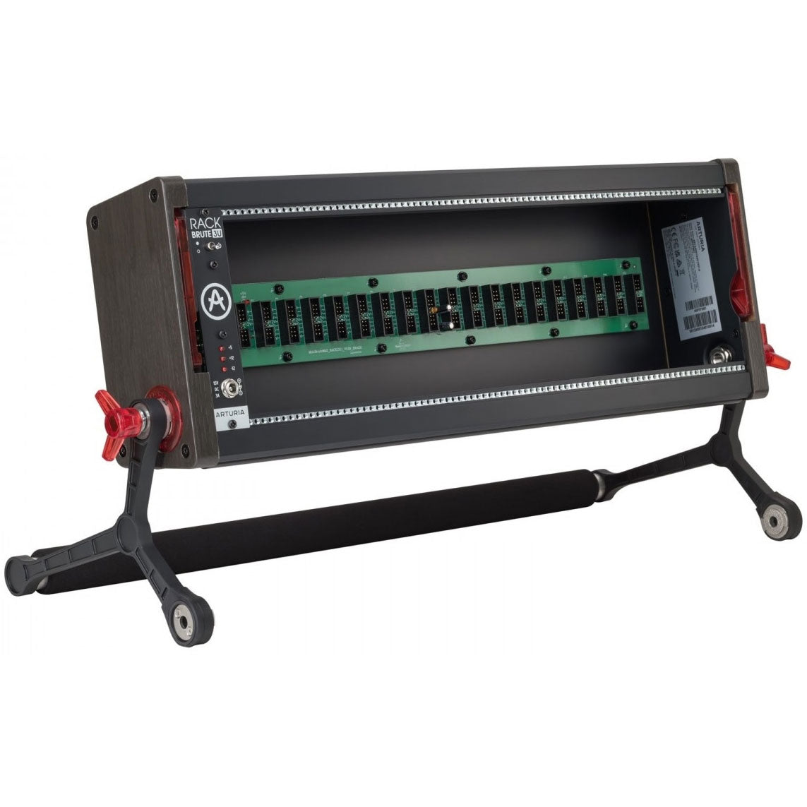Black and brown modular rack case with multiple pin sockets and red knobs on sides held by black stand.