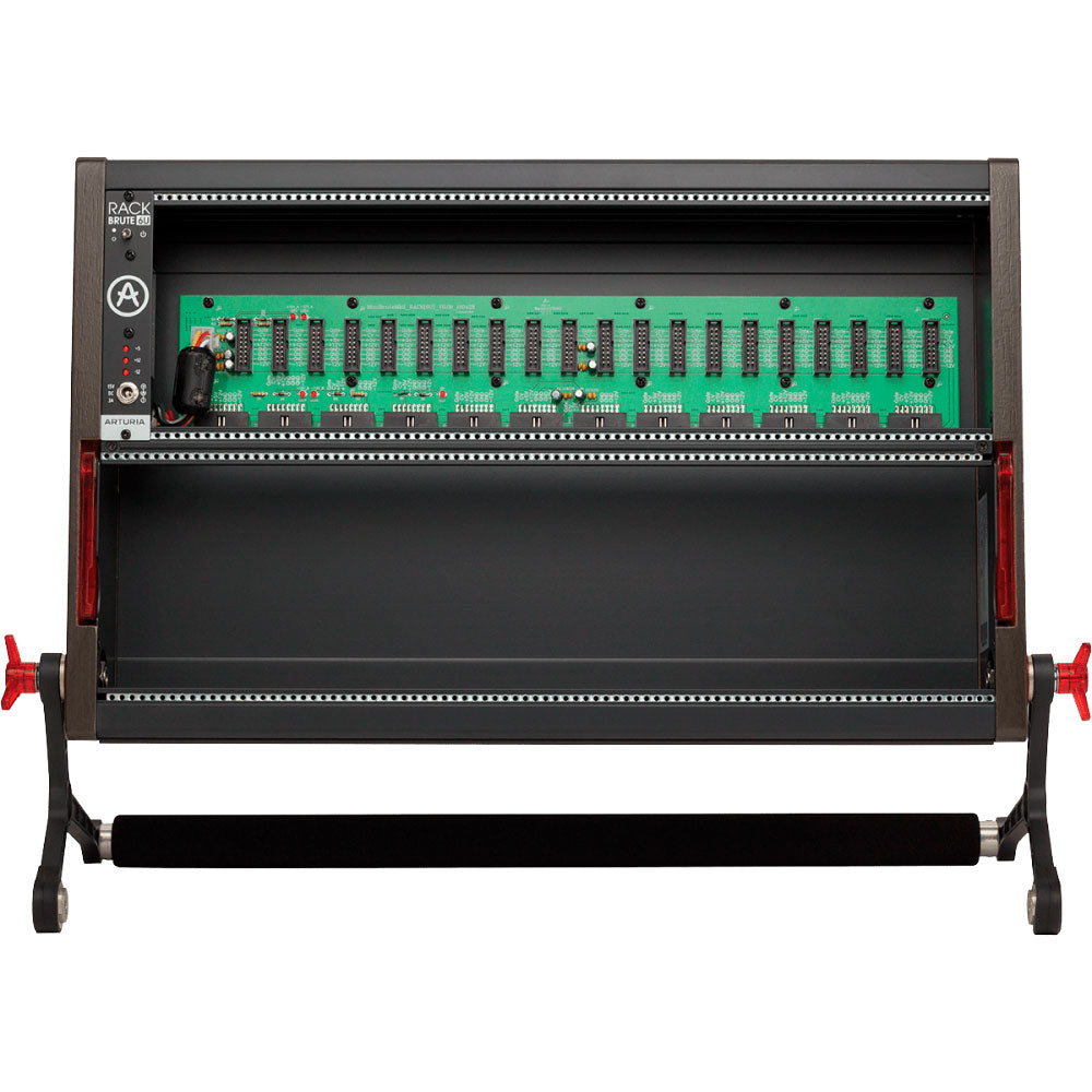 Black open rackmount frame with green circuit board and multiple slot connectors, red side knobs, and Arturia branding.