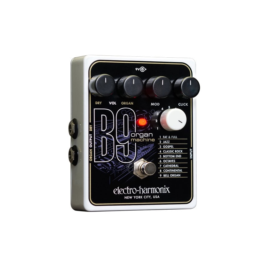 Electro-Harmonix B9 organ machine effects pedal with four knobs, footswitch, and audio jacks on the side.