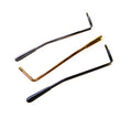 Three metal tremolo arms with different finishes on a white background.