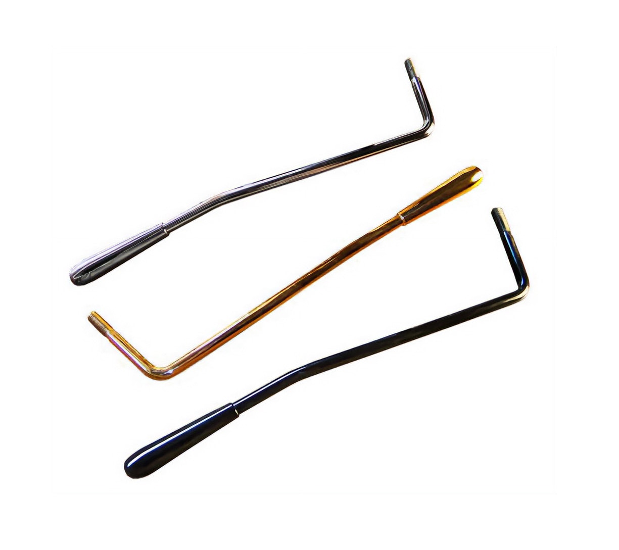 Three metal tremolo arms with different finishes on a white background.