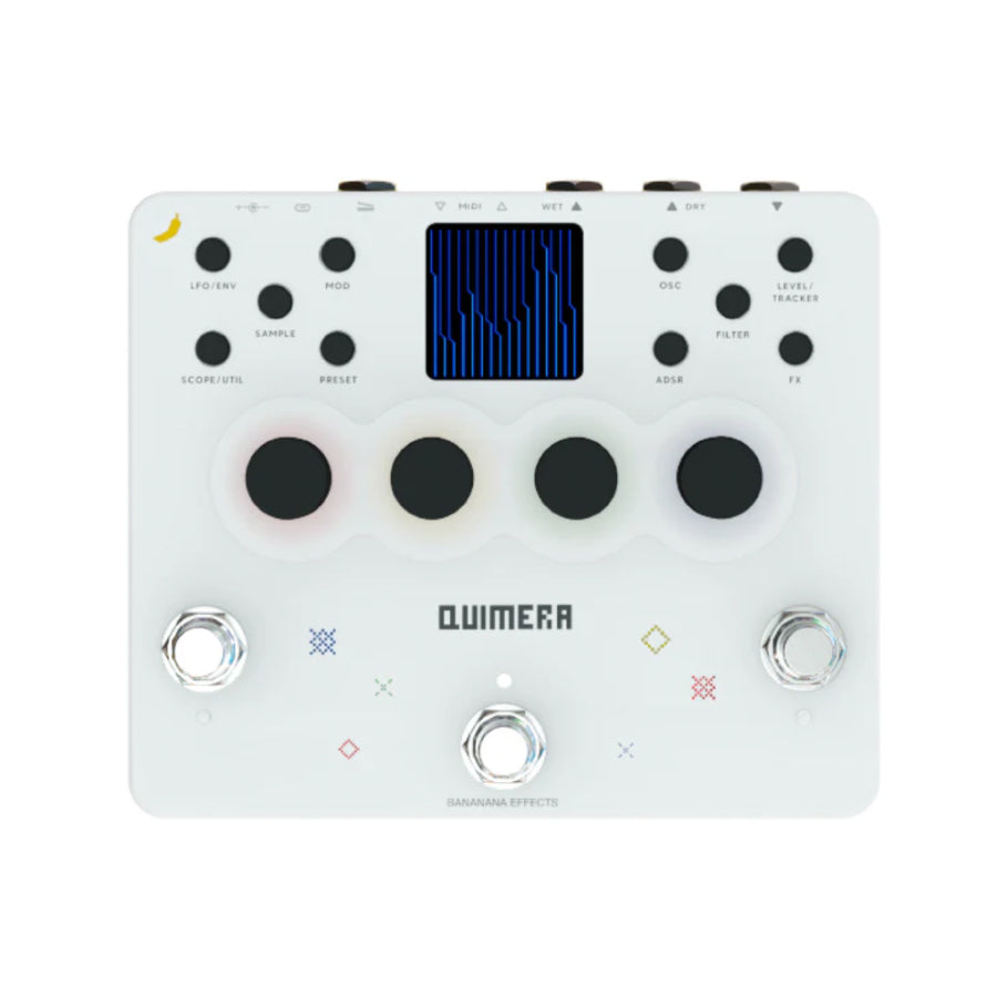 White effects pedal with multiple knobs, buttons, a small screen, and three footswitches labeled Quimera by Bananana Effects.