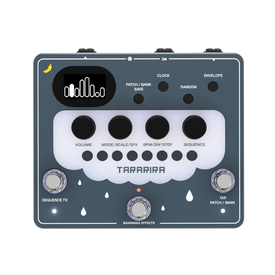 Top view of a gray effects pedal with knobs, buttons, footswitches, and a small screen showing a bar graph.