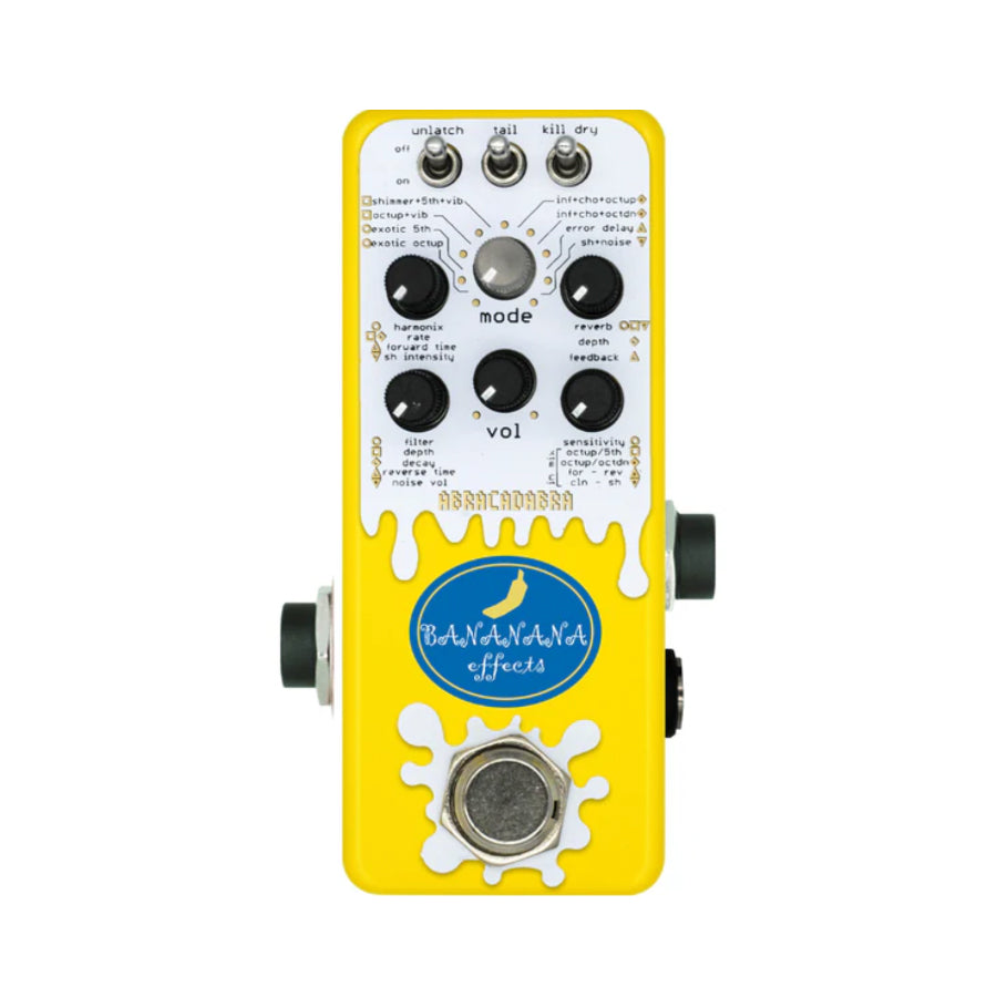 Yellow guitar effects pedal with multiple knobs, toggle switches, and a footswitch labeled Bananana Effects Abracadabra.