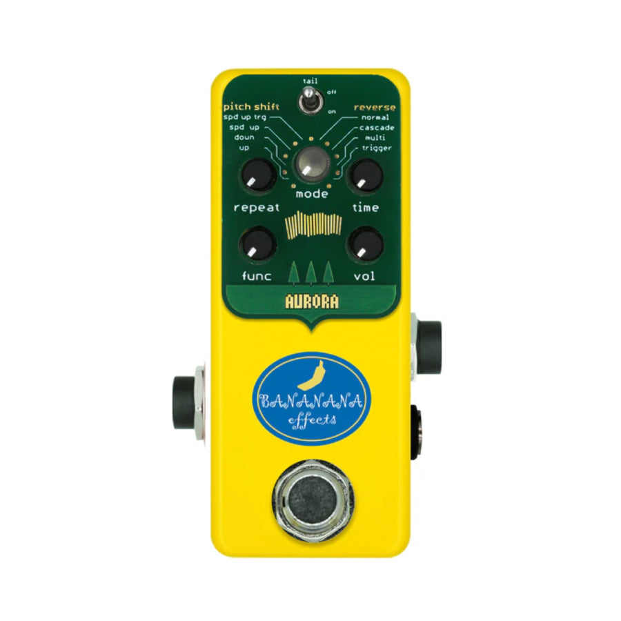 Yellow and green guitar effects pedal with multiple knobs, a toggle switch, footswitch, and labeled controls from Bananana Effects.