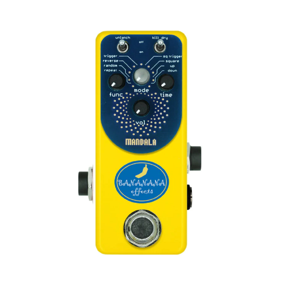 Yellow and blue guitar effects pedal with labeled knobs, toggle switches, and footswitch by Bananana Effects.
