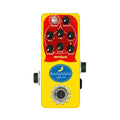 Yellow guitar effects pedal with red control panel and multiple knobs labeled with various controls and a footswitch.