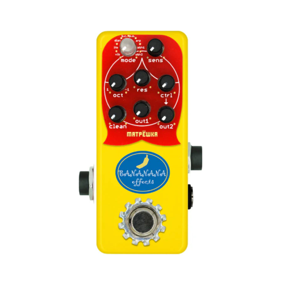 Yellow guitar effects pedal with red control panel and multiple knobs labeled with various controls and a footswitch.