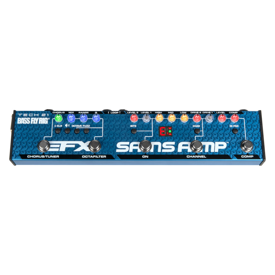 Blue Tech 21 Bass Fly Rig multi-effects pedal with multiple footswitches and control knobs.