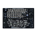 Top view of a black synthesizer panel with multiple jacks, knobs, sliders, toggle switches, and buttons labeled Feedback Communicator.