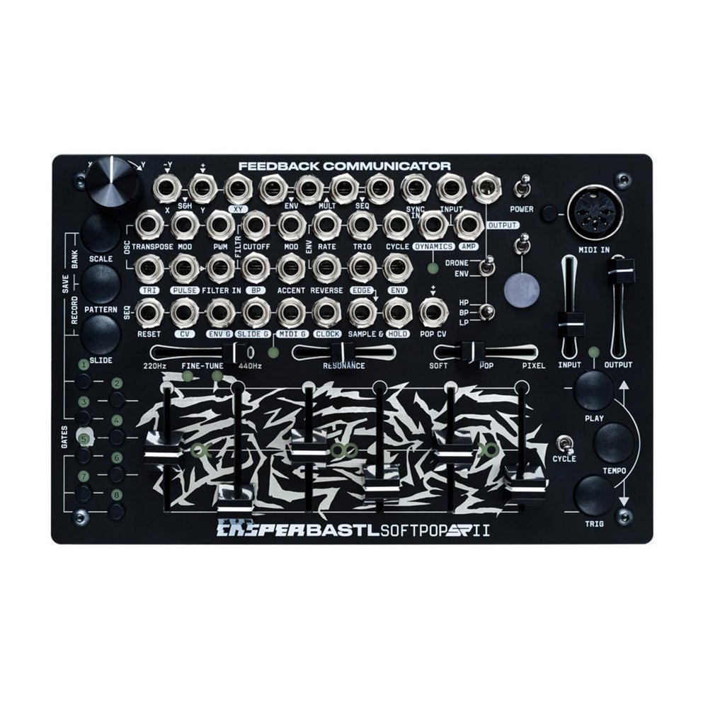 Top view of a black synthesizer panel with multiple jacks, knobs, sliders, toggle switches, and buttons labeled Feedback Communicator.