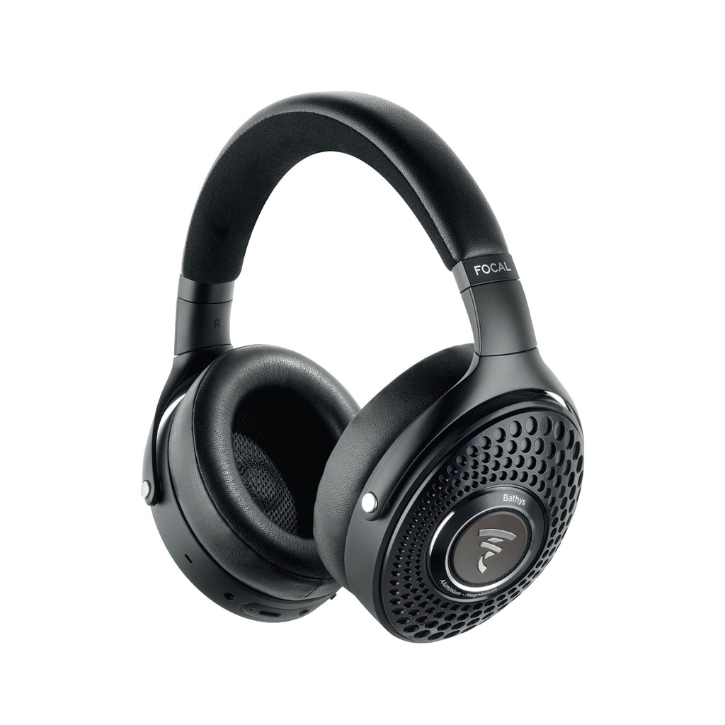 Black over-ear headphones with perforated ear cups and metallic details labeled Bathys and FOCAL.
