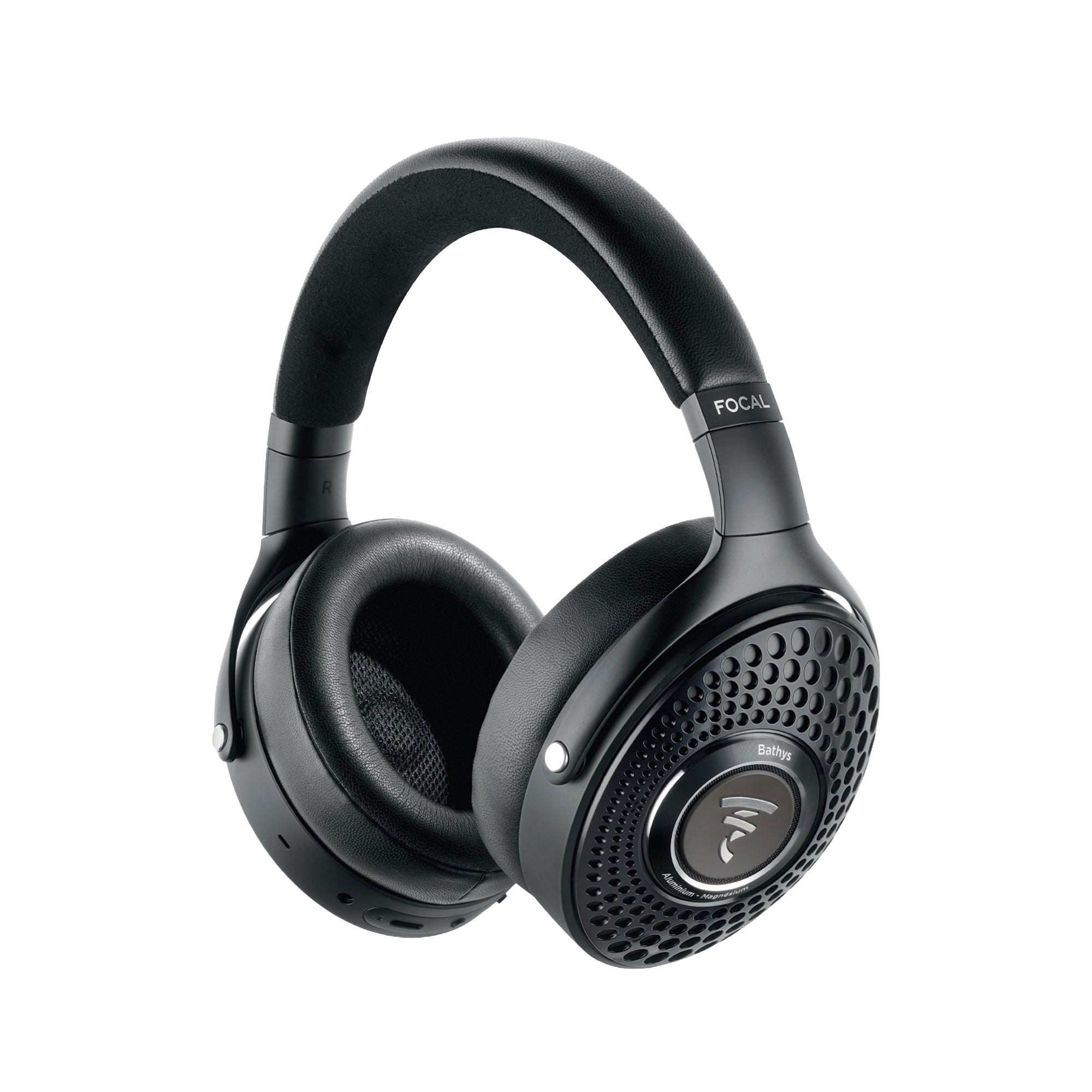 Black over-ear headphones with perforated ear cups and metallic details labeled Bathys and FOCAL.