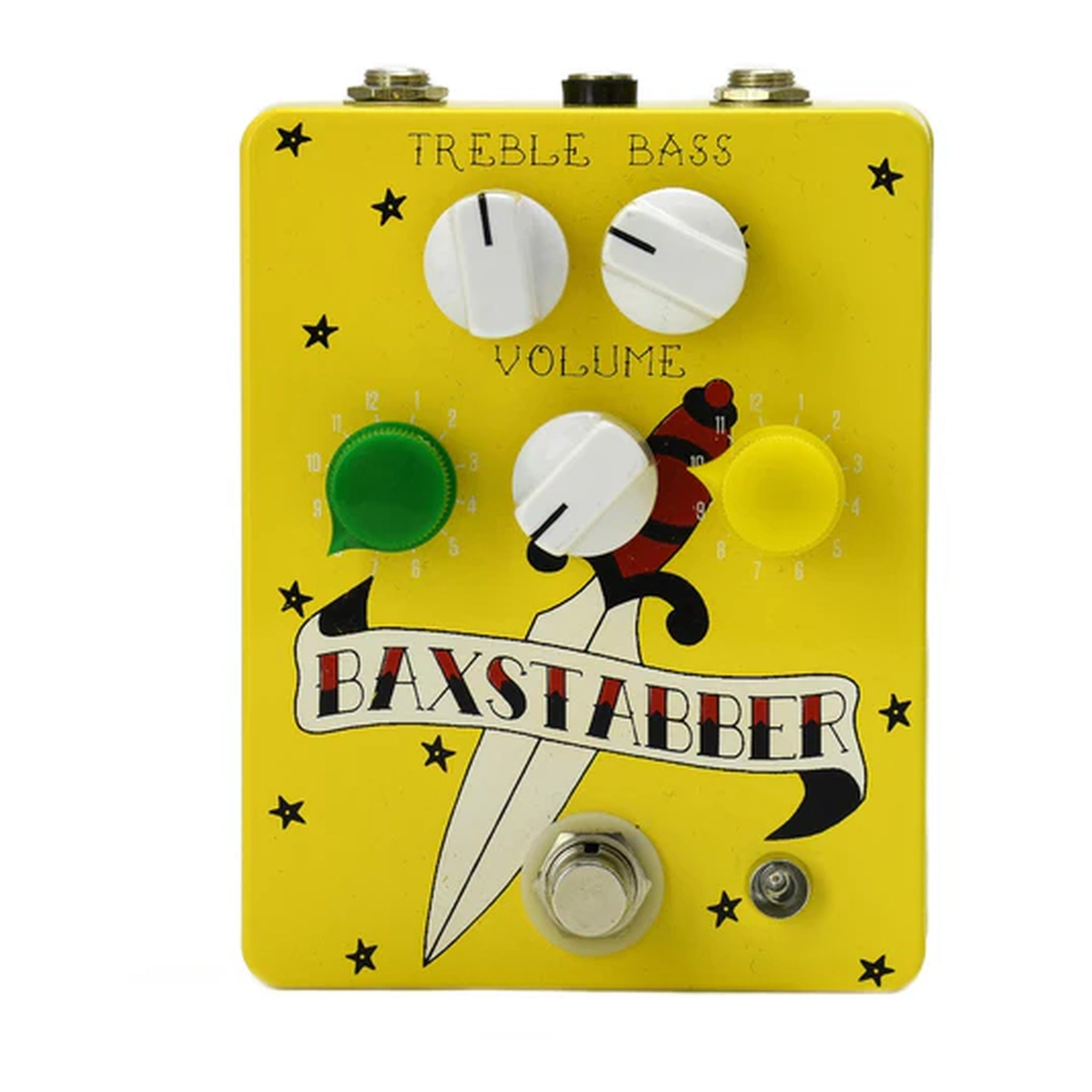 Yellow guitar effects pedal with knobs labeled treble, bass, and volume, and a footswitch below.