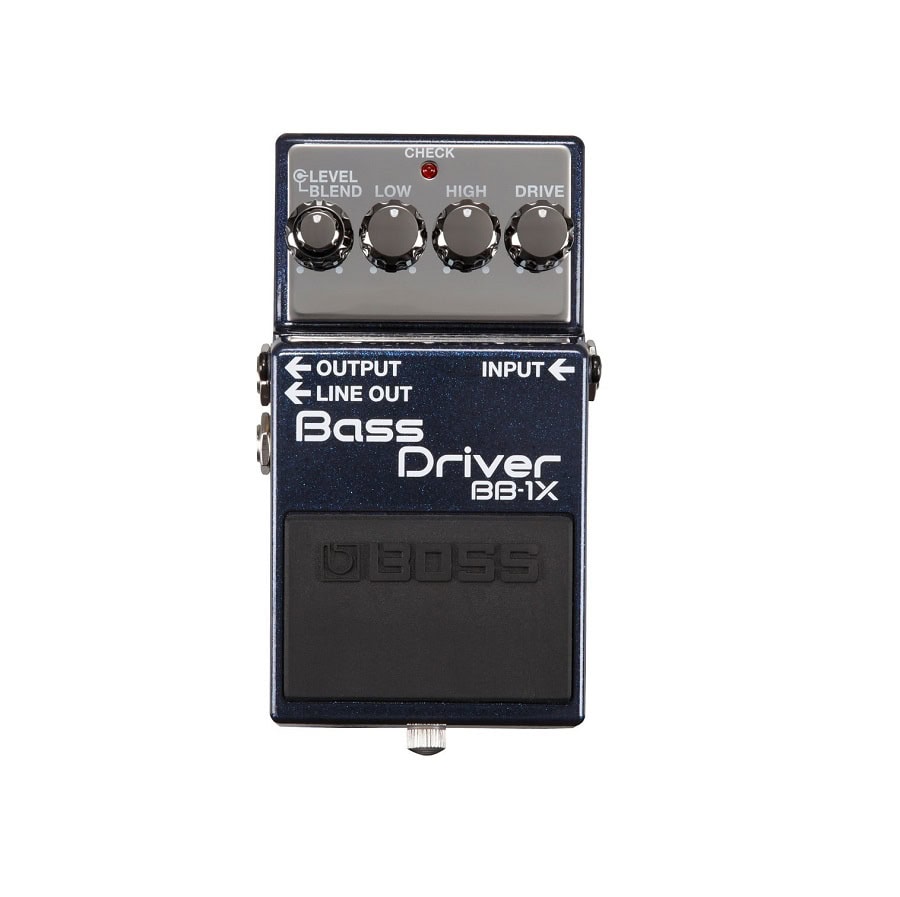 Black and silver Boss Bass Driver BB-1X guitar effects pedal with five control knobs and input/output jacks.