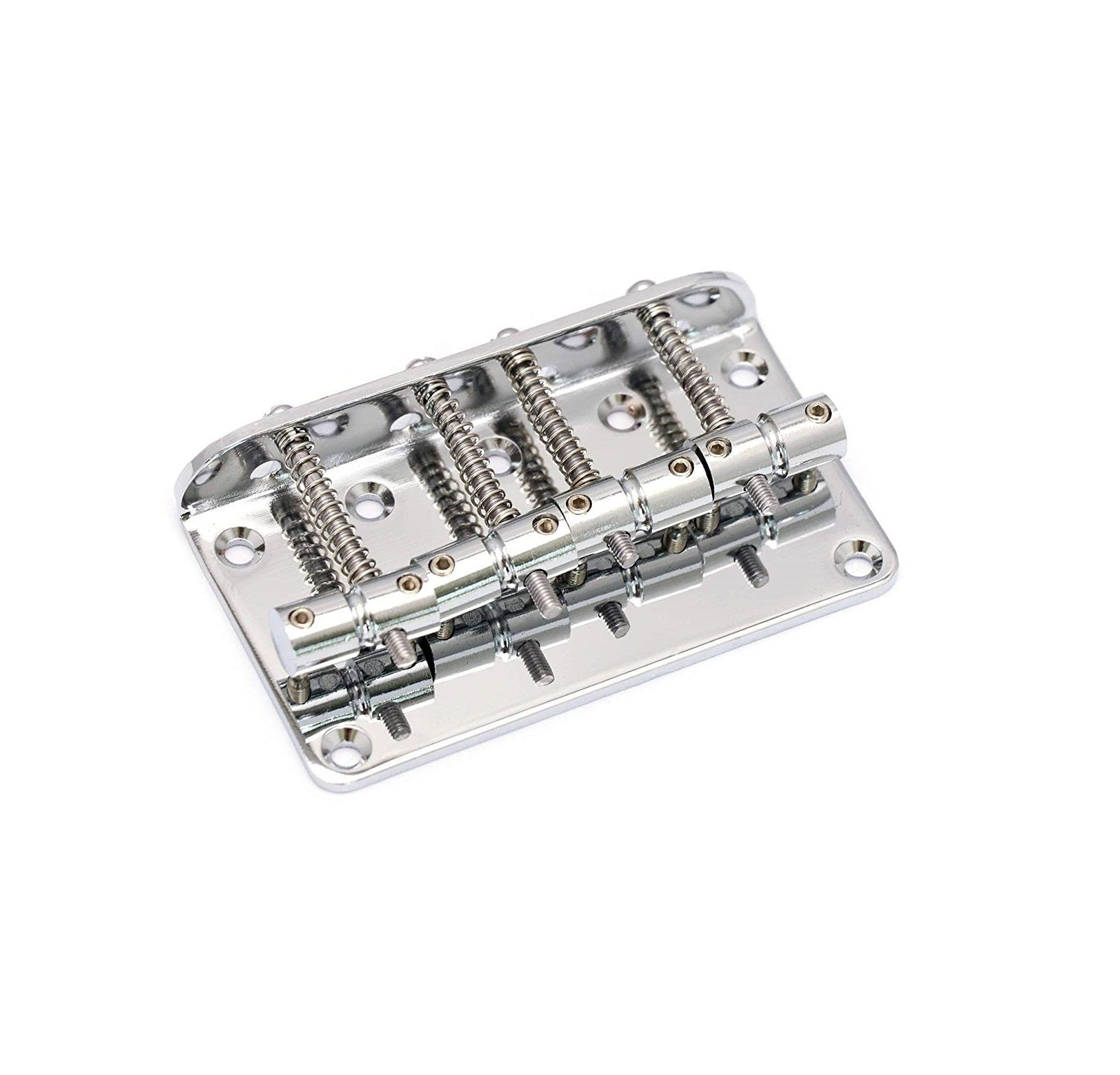 Chrome metal bridge with four saddles and adjustment screws for string spacing and intonation on a stringed instrument.