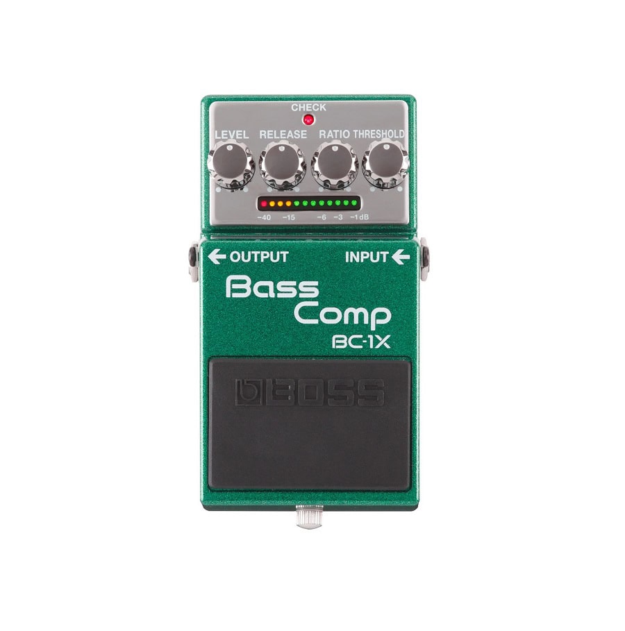 Green Boss BC-1X Bass Compressor effects pedal with four knobs and LED level meter on white background.
