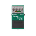 Green Boss BC-1X Bass Compressor effects pedal with four knobs and LED level meter on white background.