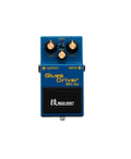 Blue guitar effects pedal with three knobs, input/output jacks, and Waza Craft label.