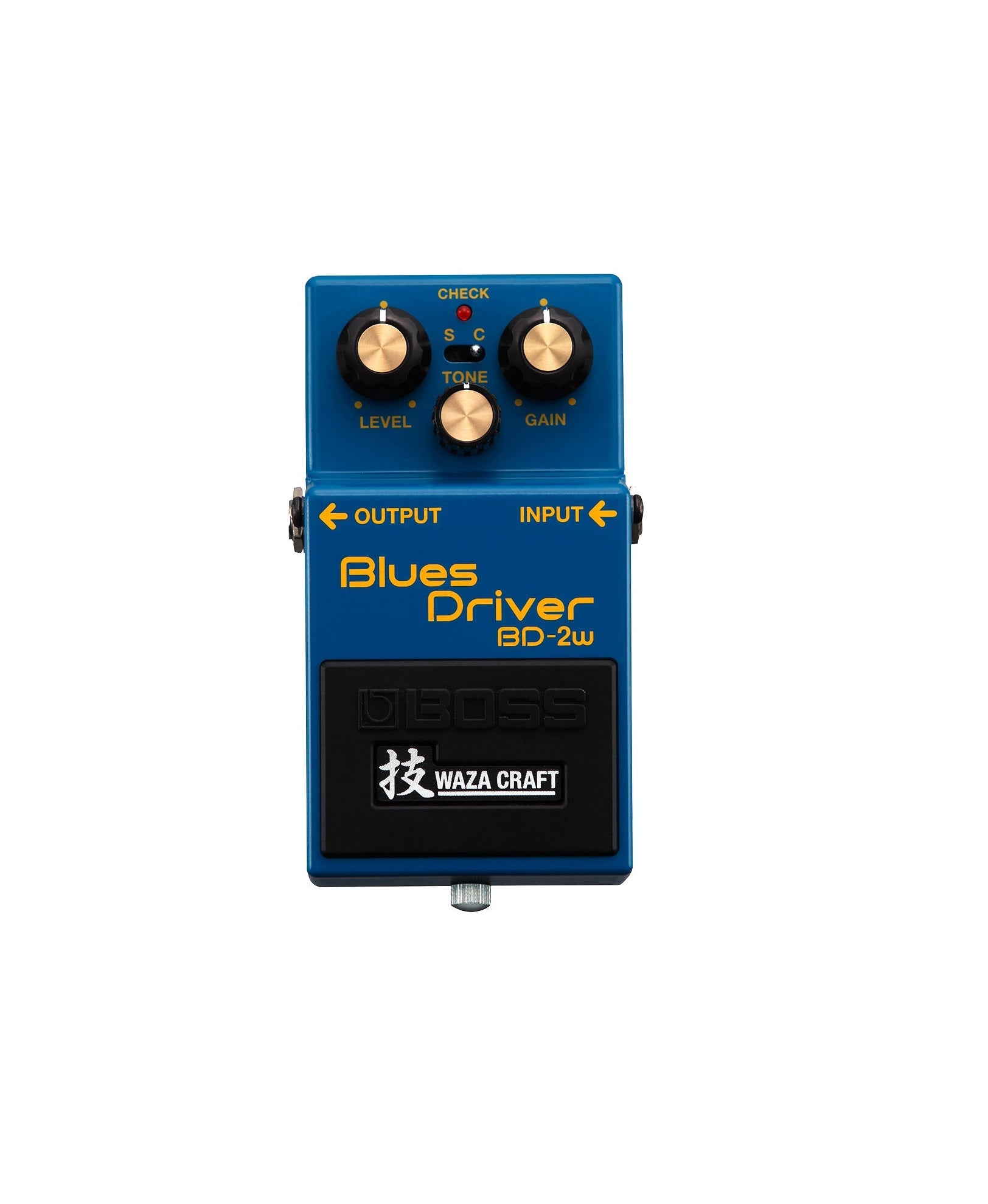 Blue guitar effects pedal with three knobs, input/output jacks, and Waza Craft label.