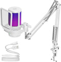 Gaming USB Microphone, Noise Cancellation Condenser Mic with Mute, Gain, RGB Indicator, Boom Arm Stand for Streaming, Podcast, Twitch, YouTube, Discord, PC, Computer, PS4, PS5, Mac, White